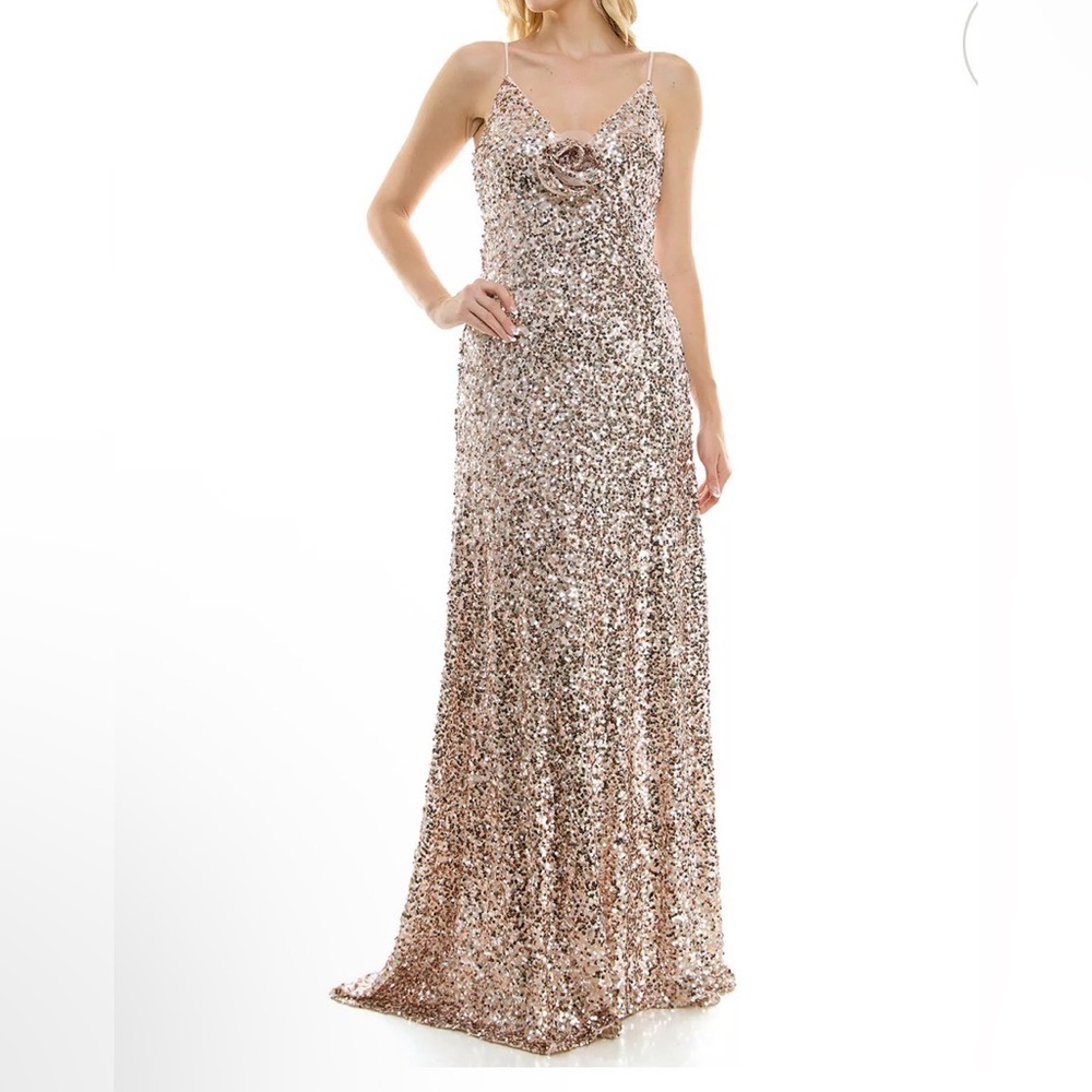 Taylor Rose Gold Sequin V-Neck Prom Gown